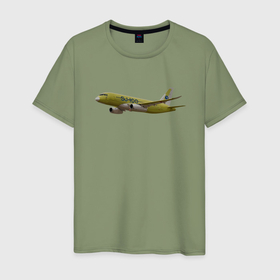 Мужская футболка хлопок с принтом Первый опытный самолет SSJ NEW в Кировске, 100% хлопок | прямой крой, круглый вырез горловины, длина до линии бедер, слегка спущенное плечо. | Тематика изображения на принте: 