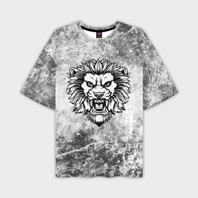 Мужская футболка oversize 3D с принтом Черно белый гневный лев на сером фоне в Кировске,  |  | 