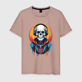 Мужская футболка хлопок с принтом Скелет в наушниках в Рязани, 100% хлопок | прямой крой, круглый вырез горловины, длина до линии бедер, слегка спущенное плечо. | 
