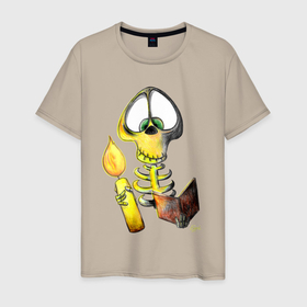Мужская футболка хлопок с принтом Скелет ученый в Тюмени, 100% хлопок | прямой крой, круглый вырез горловины, длина до линии бедер, слегка спущенное плечо. | Тематика изображения на принте: 
