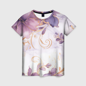 Женская футболка 3D с принтом Акварельные цветы с завитками в Курске, 100% полиэфир ( синтетическое хлопкоподобное полотно) | прямой крой, круглый вырез горловины, длина до линии бедер | 