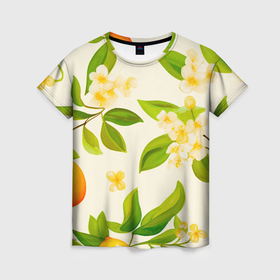 Женская футболка 3D с принтом Цветущие веточки и плоды акварелью в Белгороде, 100% полиэфир ( синтетическое хлопкоподобное полотно) | прямой крой, круглый вырез горловины, длина до линии бедер | 