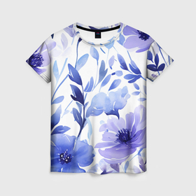 Женская футболка 3D с принтом Голубые и сиреневые акварельные цветы в Курске, 100% полиэфир ( синтетическое хлопкоподобное полотно) | прямой крой, круглый вырез горловины, длина до линии бедер | 