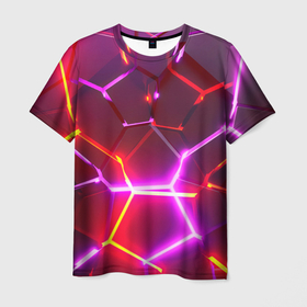 Мужская футболка 3D с принтом Красные плиты с фиолетовым свечением в Белгороде, 100% полиэфир | прямой крой, круглый вырез горловины, длина до линии бедер | 