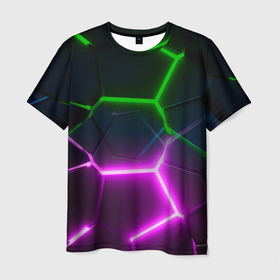 Мужская футболка 3D с принтом Фиолетовые и зеленые неоновые плиты в разломе в Курске, 100% полиэфир | прямой крой, круглый вырез горловины, длина до линии бедер | 