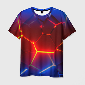 Мужская футболка 3D с принтом Светящиеся лавой неоновые плиты в разломе в Курске, 100% полиэфир | прямой крой, круглый вырез горловины, длина до линии бедер | 