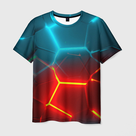 Мужская футболка 3D с принтом Голубые и красные неоновые плиты в разломе , 100% полиэфир | прямой крой, круглый вырез горловины, длина до линии бедер | 