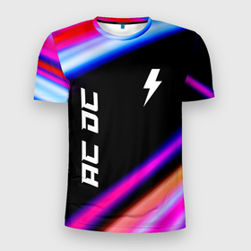 Мужская футболка 3D Slim с принтом AC DC neon rock lights в Санкт-Петербурге, 100% полиэстер с улучшенными характеристиками | приталенный силуэт, круглая горловина, широкие плечи, сужается к линии бедра | Тематика изображения на принте: 