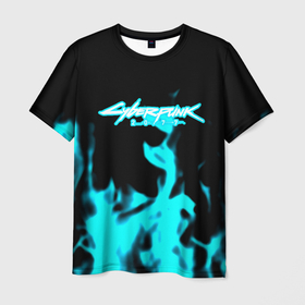 Мужская футболка 3D с принтом Cyberpunk neon flame в Екатеринбурге, 100% полиэфир | прямой крой, круглый вырез горловины, длина до линии бедер | 