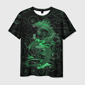 Мужская футболка 3D с принтом Зеленый дракон в узорах в Кировске, 100% полиэфир | прямой крой, круглый вырез горловины, длина до линии бедер | Тематика изображения на принте: 