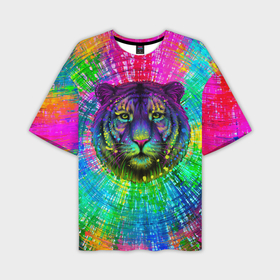 Мужская футболка oversize 3D с принтом Разноцветный неоновый тигр в Белгороде,  |  | Тематика изображения на принте: 