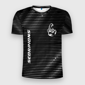 Мужская футболка 3D Slim с принтом Scorpions metal rock lines в Екатеринбурге, 100% полиэстер с улучшенными характеристиками | приталенный силуэт, круглая горловина, широкие плечи, сужается к линии бедра | Тематика изображения на принте: 