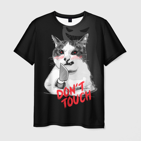 Мужская футболка 3D с принтом Сердитый кот с ножом в Санкт-Петербурге, 100% полиэфир | прямой крой, круглый вырез горловины, длина до линии бедер | 