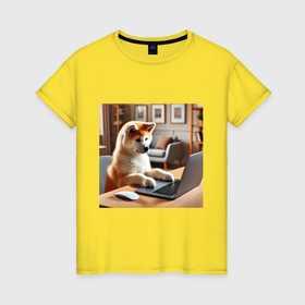 Женская футболка хлопок с принтом Рабочий день умного пса , 100% хлопок | прямой крой, круглый вырез горловины, длина до линии бедер, слегка спущенное плечо | 