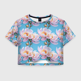Женская футболка Crop-top 3D с принтом Распустившиеся розовые пионы в Кировске, 100% полиэстер | круглая горловина, длина футболки до линии талии, рукава с отворотами | Тематика изображения на принте: 
