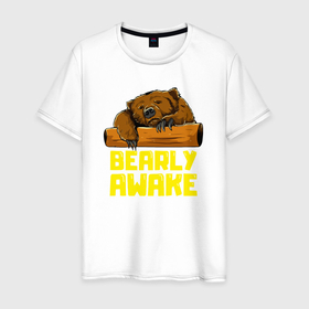 Мужская футболка хлопок с принтом Bearly awake в Новосибирске, 100% хлопок | прямой крой, круглый вырез горловины, длина до линии бедер, слегка спущенное плечо. | Тематика изображения на принте: 