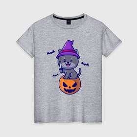 Женская футболка хлопок с принтом Котик и хэллоуин в Петрозаводске, 100% хлопок | прямой крой, круглый вырез горловины, длина до линии бедер, слегка спущенное плечо | 