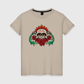 Женская футболка хлопок с принтом Розы и черепок в Петрозаводске, 100% хлопок | прямой крой, круглый вырез горловины, длина до линии бедер, слегка спущенное плечо | 