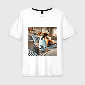Мужская футболка хлопок Oversize с принтом Уютный вечер с джек расселом и ноутбуком в Новосибирске, 100% хлопок | свободный крой, круглый ворот, “спинка” длиннее передней части | 