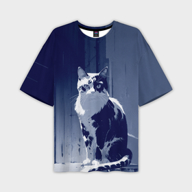 Мужская футболка oversize 3D с принтом Пятнистый котик в синих тонах ,  |  | 