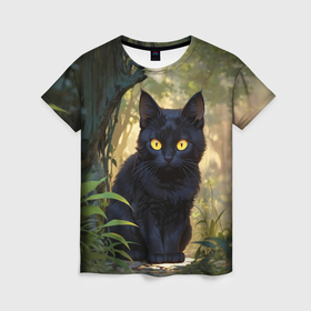 Женская футболка 3D с принтом Черный котёнок в лесу в Петрозаводске, 100% полиэфир ( синтетическое хлопкоподобное полотно) | прямой крой, круглый вырез горловины, длина до линии бедер | 