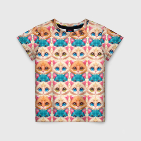 Детская футболка 3D с принтом Разноцветные котята узор в Кировске, 100% гипоаллергенный полиэфир | прямой крой, круглый вырез горловины, длина до линии бедер, чуть спущенное плечо, ткань немного тянется | 