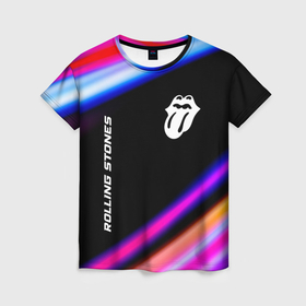 Женская футболка 3D с принтом Rolling Stones neon rock lights в Кировске, 100% полиэфир ( синтетическое хлопкоподобное полотно) | прямой крой, круглый вырез горловины, длина до линии бедер | Тематика изображения на принте: 