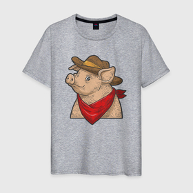Мужская футболка хлопок с принтом Свинка ковбой в Санкт-Петербурге, 100% хлопок | прямой крой, круглый вырез горловины, длина до линии бедер, слегка спущенное плечо. | 