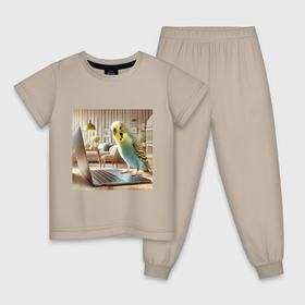 Детская пижама хлопок с принтом Волнистый попугай с ноутбуком в Санкт-Петербурге, 100% хлопок |  брюки и футболка прямого кроя, без карманов, на брюках мягкая резинка на поясе и по низу штанин
 | Тематика изображения на принте: 