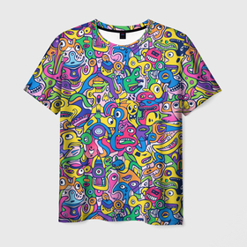 Мужская футболка 3D с принтом Рожицы разноцветные , 100% полиэфир | прямой крой, круглый вырез горловины, длина до линии бедер | 