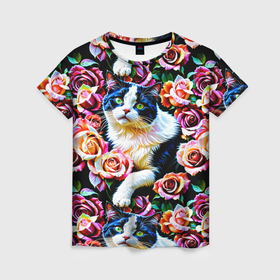 Женская футболка 3D с принтом Черно белый кот и розы в Кировске, 100% полиэфир ( синтетическое хлопкоподобное полотно) | прямой крой, круглый вырез горловины, длина до линии бедер | Тематика изображения на принте: 