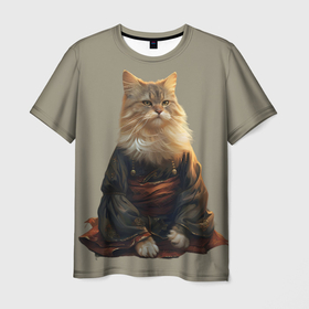 Мужская футболка 3D с принтом Медитирующий китайский кот в Тюмени, 100% полиэфир | прямой крой, круглый вырез горловины, длина до линии бедер | 