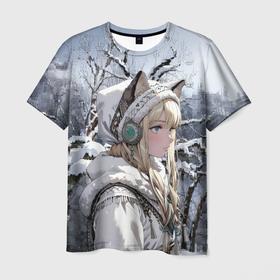 Мужская футболка 3D с принтом Девушка с ушками в зимнем лесу в Тюмени, 100% полиэфир | прямой крой, круглый вырез горловины, длина до линии бедер | 