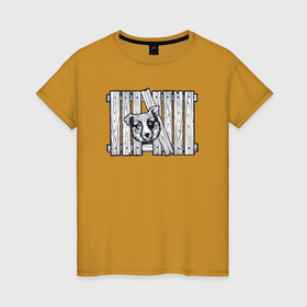 Женская футболка хлопок с принтом Пёсик за забором в Кировске, 100% хлопок | прямой крой, круглый вырез горловины, длина до линии бедер, слегка спущенное плечо | 