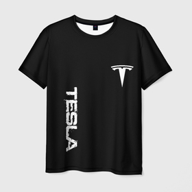 Мужская футболка 3D с принтом Tesla logo white , 100% полиэфир | прямой крой, круглый вырез горловины, длина до линии бедер | 