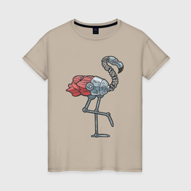 Женская футболка хлопок с принтом Робот фламинго в Кировске, 100% хлопок | прямой крой, круглый вырез горловины, длина до линии бедер, слегка спущенное плечо | Тематика изображения на принте: 