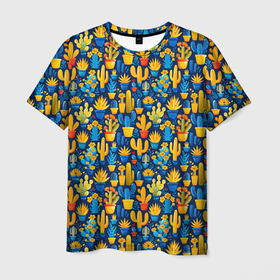 Мужская футболка 3D с принтом Кактусы разноцветный мексиканский яркий узор в Новосибирске, 100% полиэфир | прямой крой, круглый вырез горловины, длина до линии бедер | Тематика изображения на принте: 