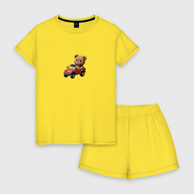 Женская пижама с шортиками хлопок с принтом Мишка на машинке в Кировске, 100% хлопок | футболка прямого кроя, шорты свободные с широкой мягкой резинкой | 