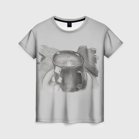 Женская футболка 3D с принтом Чашка чая и кубики сахара в Кировске, 100% полиэфир ( синтетическое хлопкоподобное полотно) | прямой крой, круглый вырез горловины, длина до линии бедер | 