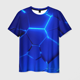 Мужская футболка 3D с принтом Яркие синие неоновые плиты в разломе , 100% полиэфир | прямой крой, круглый вырез горловины, длина до линии бедер | 