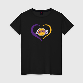 Женская футболка хлопок с принтом LA Lakers в сердце в Курске, 100% хлопок | прямой крой, круглый вырез горловины, длина до линии бедер, слегка спущенное плечо | Тематика изображения на принте: 