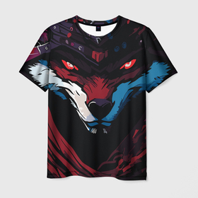 Мужская футболка 3D с принтом Злая лиса с красными глазами в стиле манга   angry fox в Петрозаводске, 100% полиэфир | прямой крой, круглый вырез горловины, длина до линии бедер | 