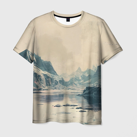 Мужская футболка 3D с принтом Винтажный горный пейзаж в Петрозаводске, 100% полиэфир | прямой крой, круглый вырез горловины, длина до линии бедер | Тематика изображения на принте: 