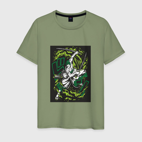 Мужская футболка хлопок с принтом One piece зоро зеленый вихрь в Белгороде, 100% хлопок | прямой крой, круглый вырез горловины, длина до линии бедер, слегка спущенное плечо. | 