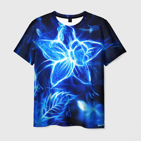 Мужская футболка 3D с принтом Огненный цветок синий в Курске, 100% полиэфир | прямой крой, круглый вырез горловины, длина до линии бедер | Тематика изображения на принте: 