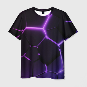 Мужская футболка 3D с принтом Темные фиолетовые неоновые плиты в разломе в Петрозаводске, 100% полиэфир | прямой крой, круглый вырез горловины, длина до линии бедер | 