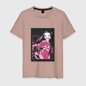 Мужская футболка хлопок с принтом Клинок рассекающий демонов милая Незуко в розовом в Кировске, 100% хлопок | прямой крой, круглый вырез горловины, длина до линии бедер, слегка спущенное плечо. | 