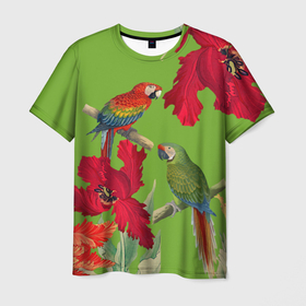 Мужская футболка 3D с принтом Попугаи среди цветов в Санкт-Петербурге, 100% полиэфир | прямой крой, круглый вырез горловины, длина до линии бедер | 