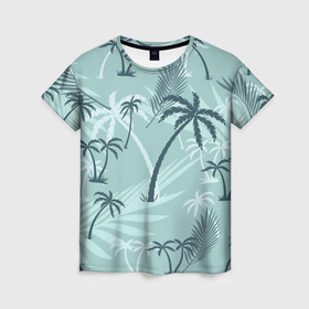 Женская футболка 3D с принтом Летний паттерн с пальмами в Кировске, 100% полиэфир ( синтетическое хлопкоподобное полотно) | прямой крой, круглый вырез горловины, длина до линии бедер | 