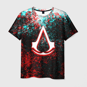 Мужская футболка 3D с принтом Assassins Creed logo glitch в Тюмени, 100% полиэфир | прямой крой, круглый вырез горловины, длина до линии бедер | Тематика изображения на принте: 